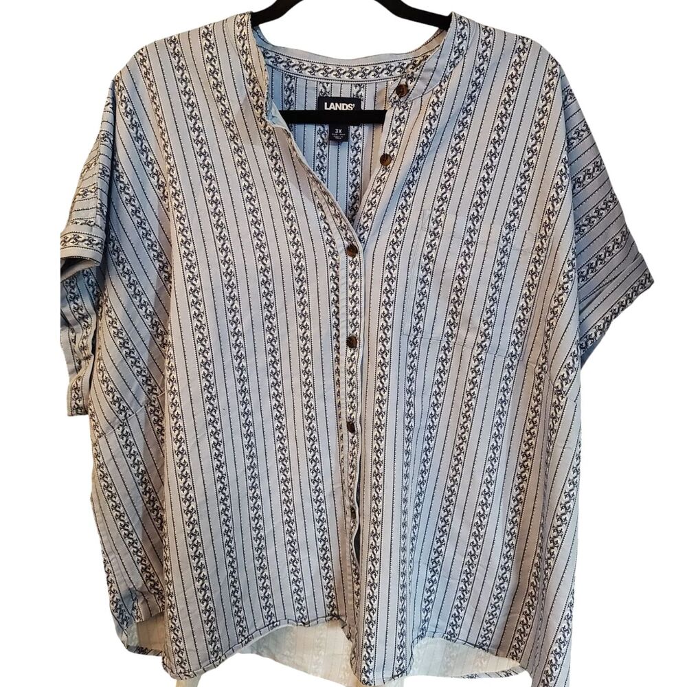 Lands' End Button Front Cuffsed Sleeves Fun Patterned Shirt Top size 3X Beachy